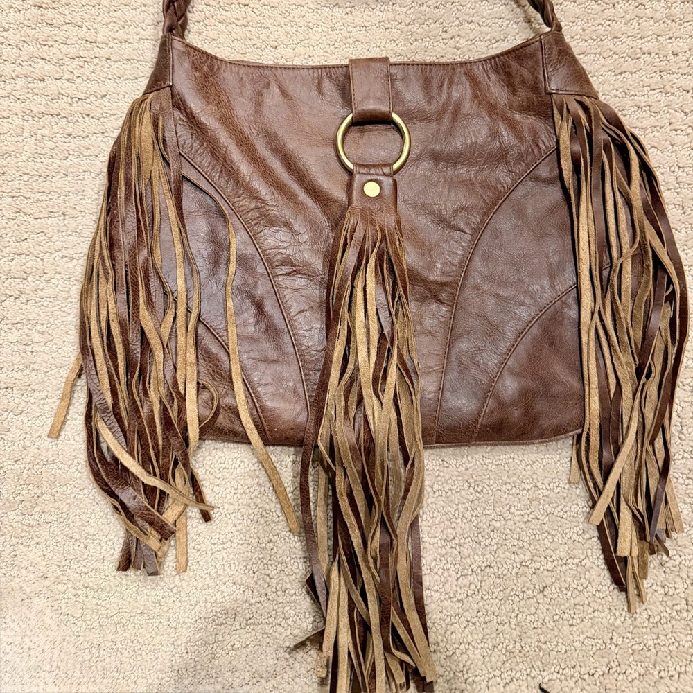 JJ Winters Brown Leather Fringe Shoulder Bag
